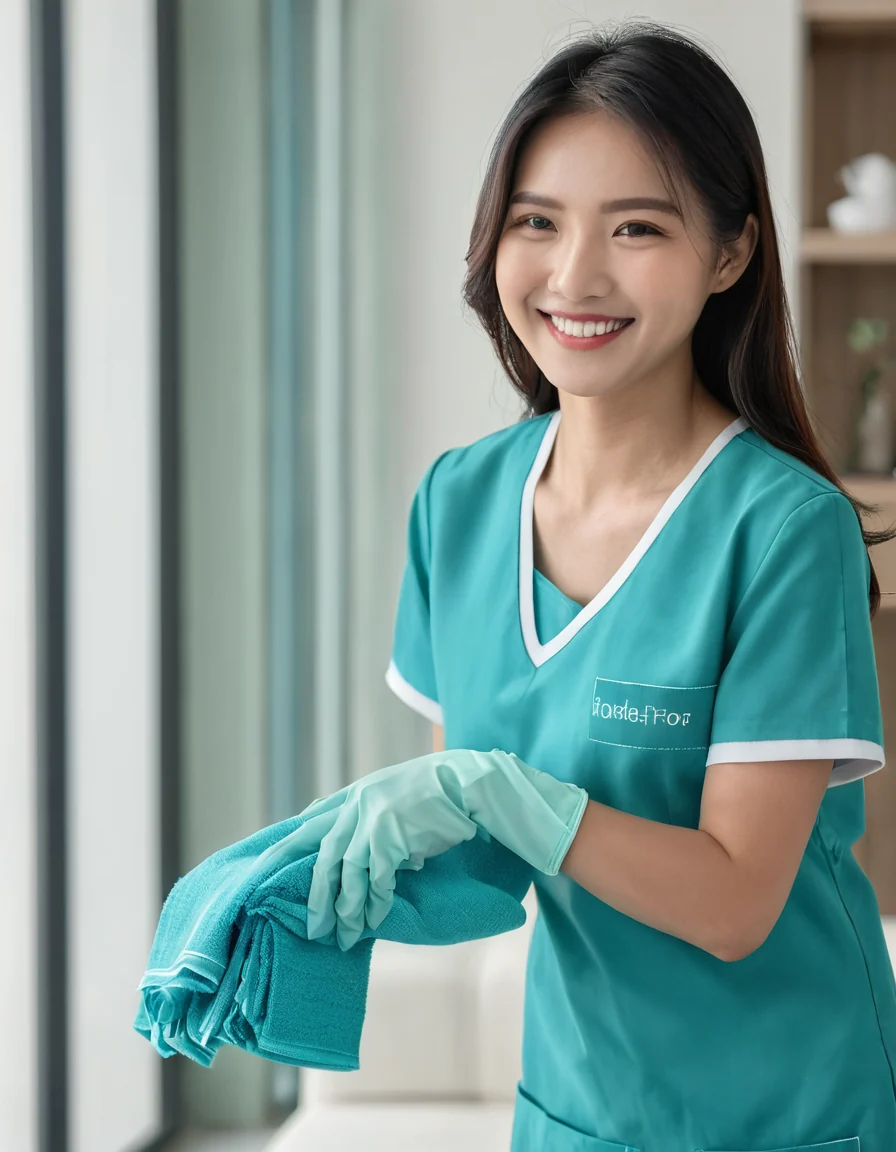 Friendly professional housekeeper in uniform