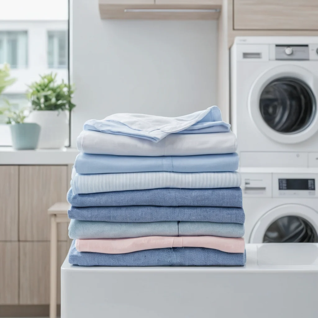 Neatly folded laundry and ironed shirts